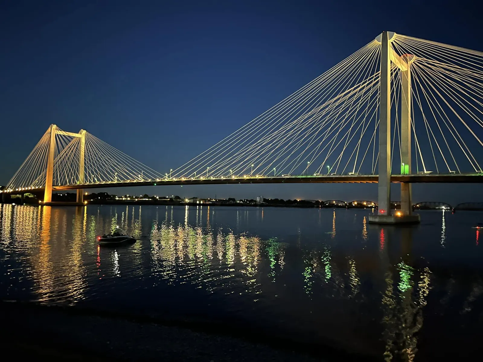 Cable Bridge lit over the Columbia River in Pasco