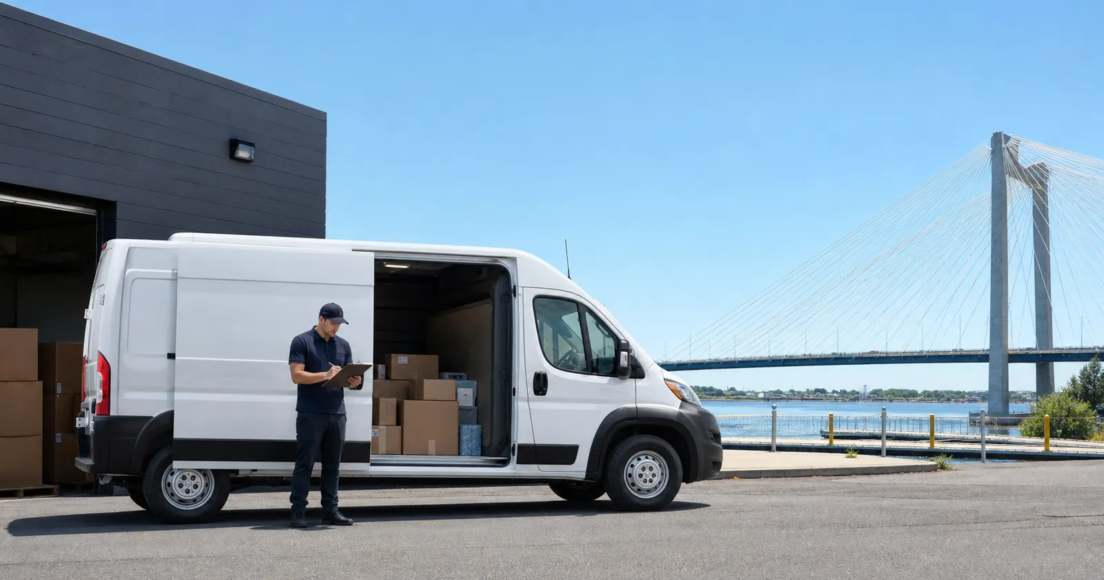 Courier checking business packages beside a white cargo van